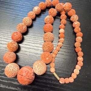 WOW Antique Natural Carved Round Graduated Salmon Coral Bead Necklace 89 grams